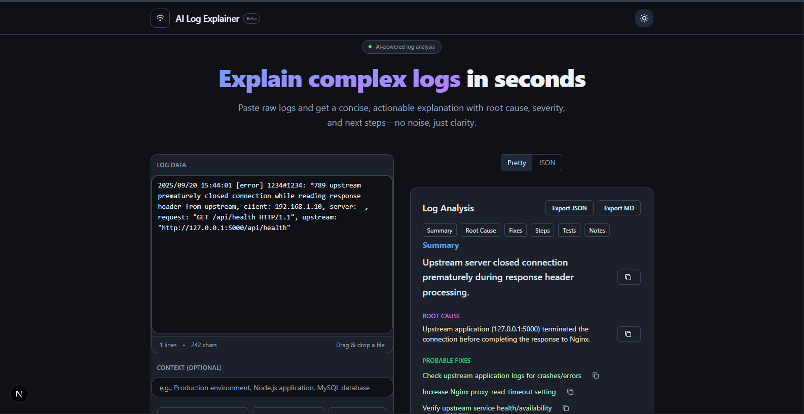 AI Log Explainer — interface