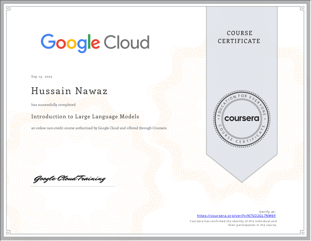 Introduction to Large Language Models certificate thumbnail