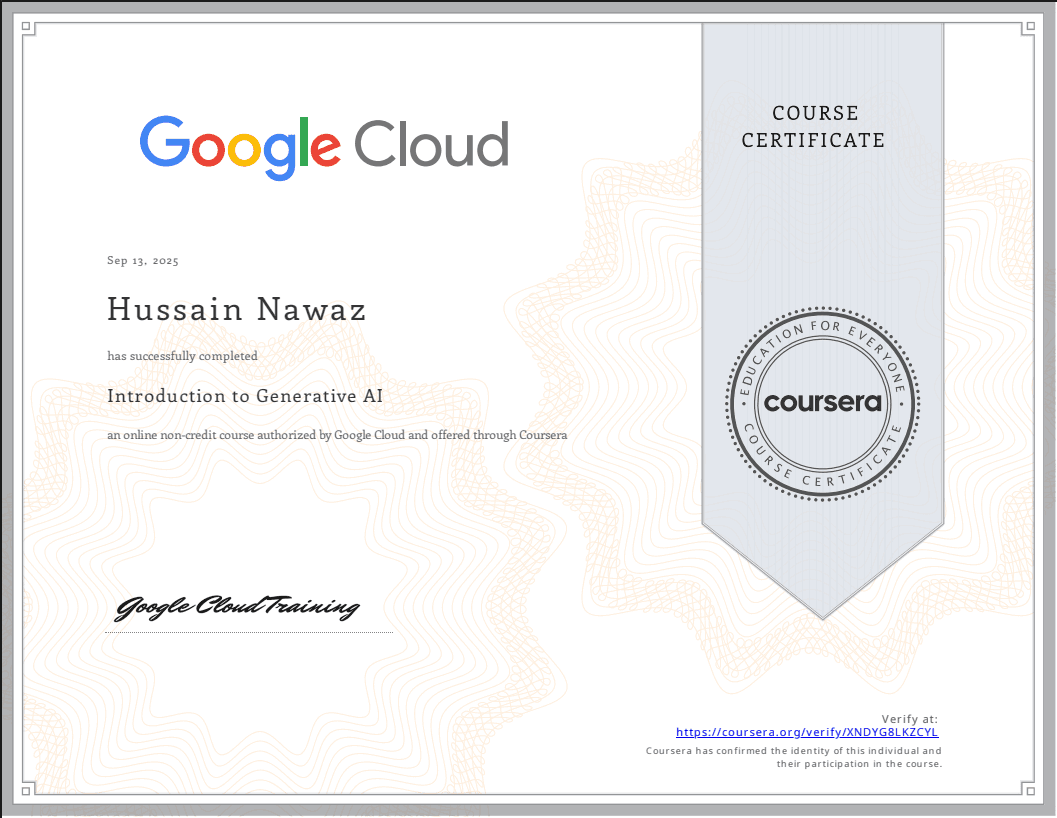 Introduction to Generative AI certificate thumbnail