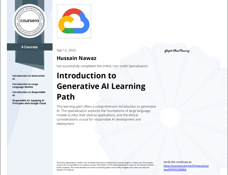 Introduction to Generative AI Learning Path certificate thumbnail